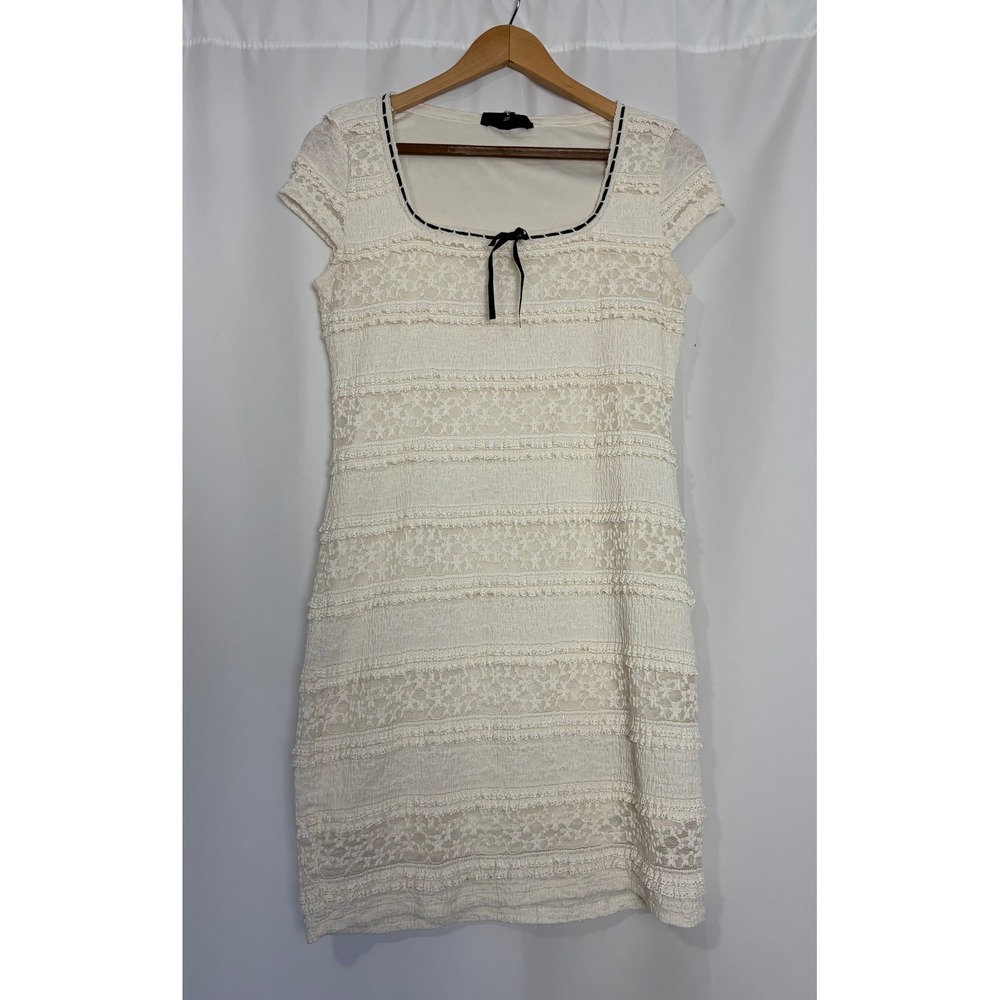 Madden NYC Womens Y2K Cream Lace Ruffle Mini Dress Square Neck Bow Large Twee